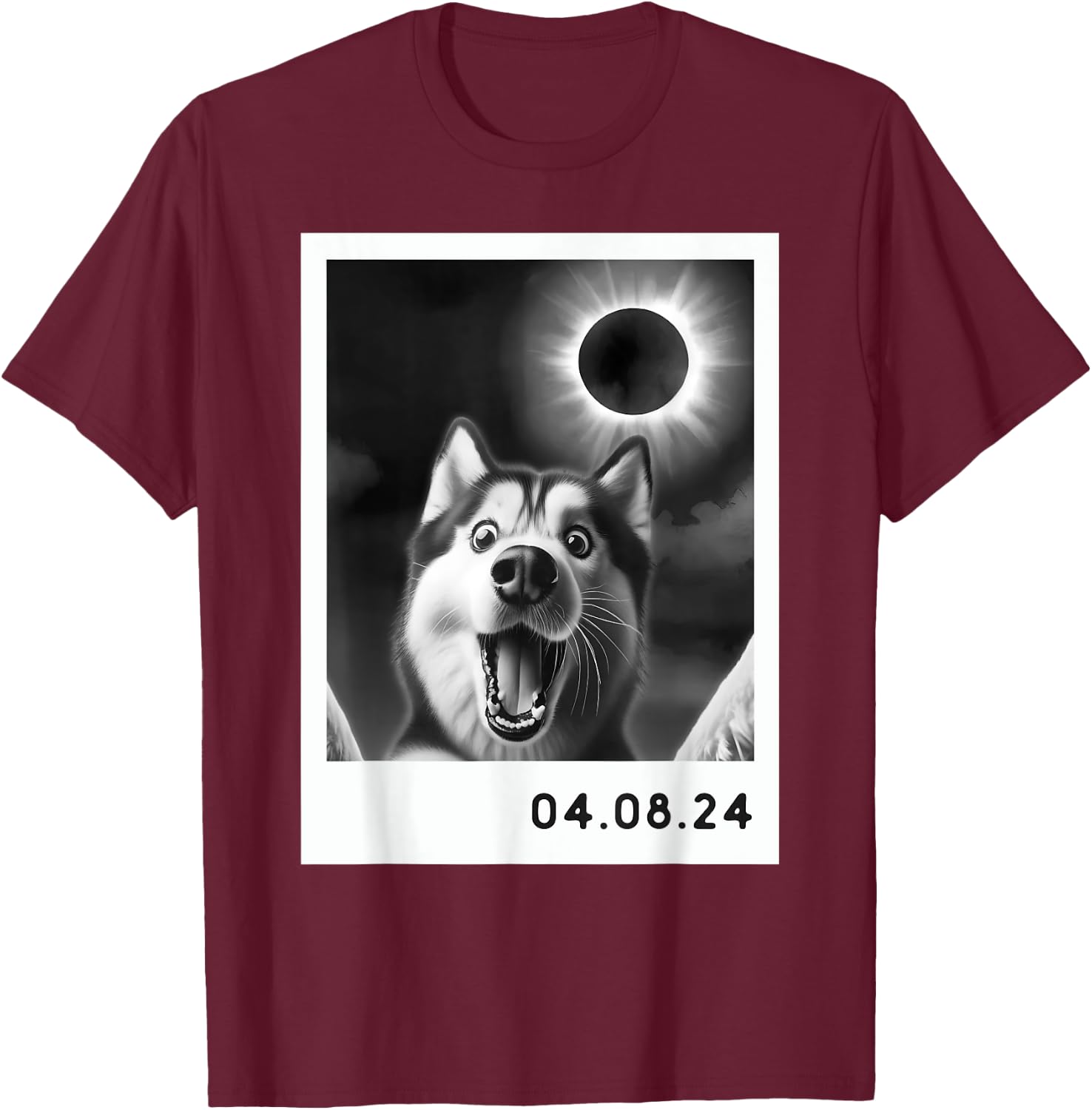 Solar Eclipse 2024 Totality Siberian Husky Taking a Selfie T-Shirt - T-Shirt | Maroon