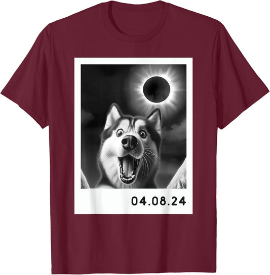 Solar Eclipse 2024 Totality Siberian Husky Taking a Selfie T-Shirt - T-Shirt | Maroon