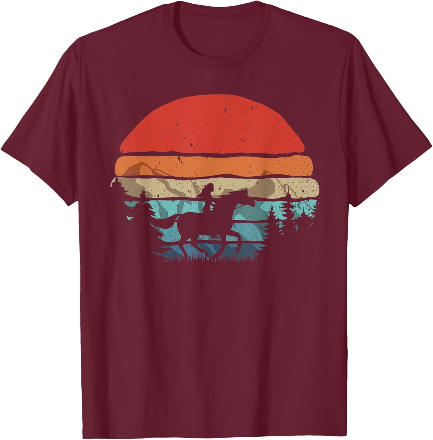 Retro Horse Riding Cowgirl Mountains Sunset Vintage T-Shirt - T-Shirt | Maroon