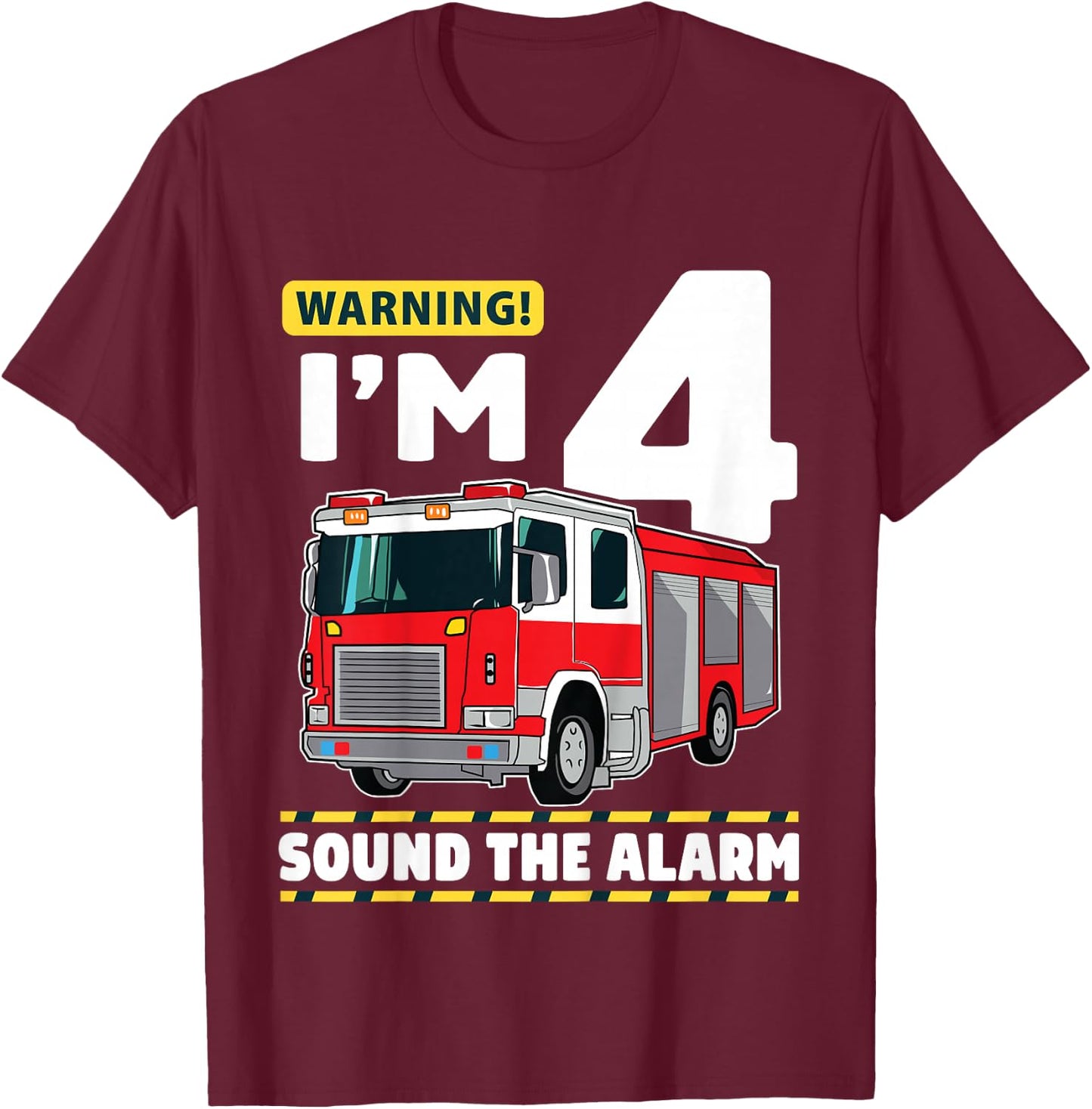 Kids Fire Truck 4 Year Old Firefighter 4th Birthday Boy Four T-Shirt - T-Shirt | Maroon
