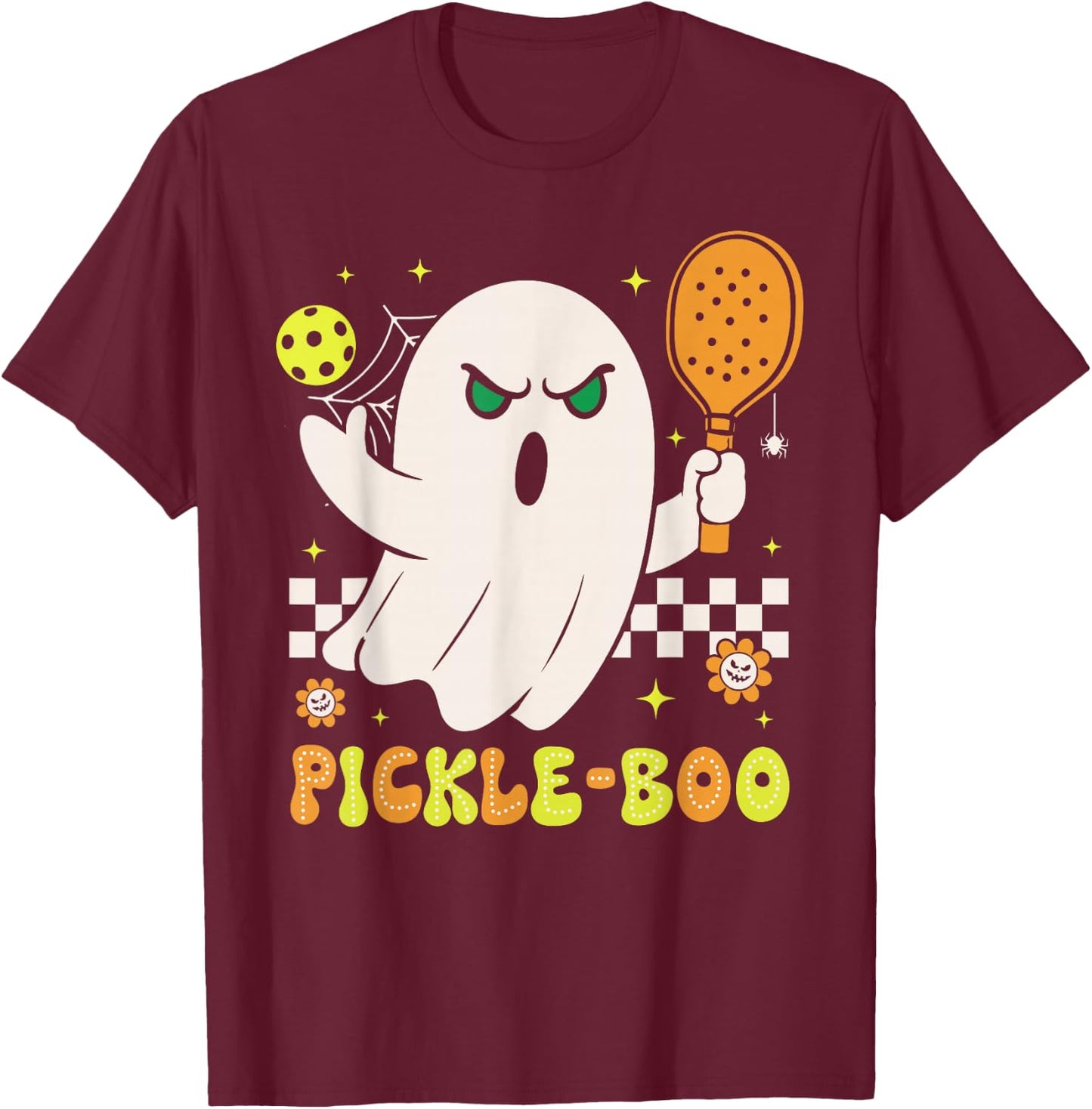 Groovy Halloween Pickleball Pickle Boo Ghost Men Women Kids T-Shirt - T-Shirt | Maroon