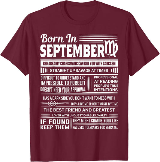 Born In September Virgo Funny Birthday Gift T-Shirt - T-Shirt | Maroon
