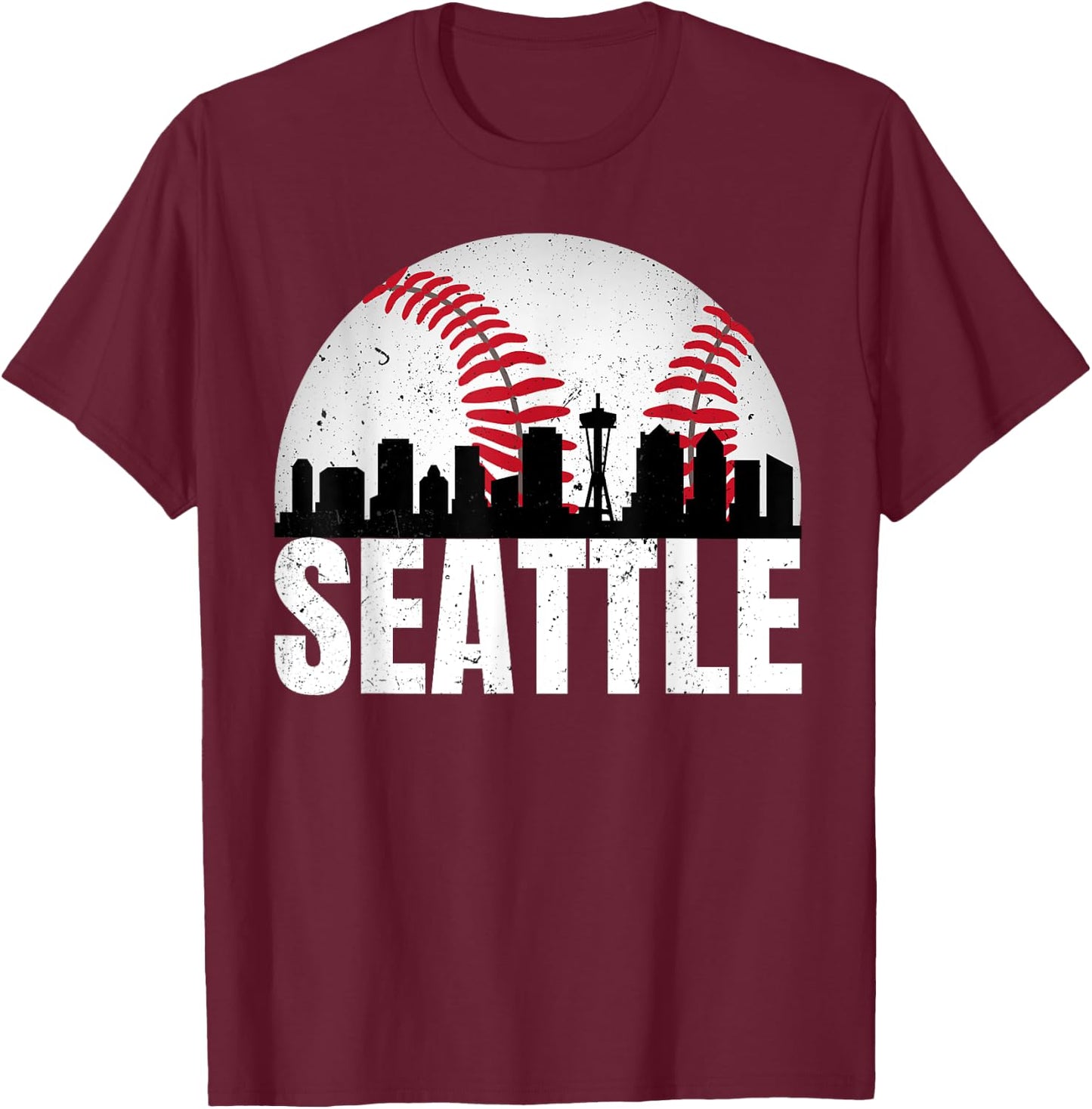 Vintage Seattle Skyline Baseball Retro Cityscap Washington T-Shirt - T-Shirt | Maroon