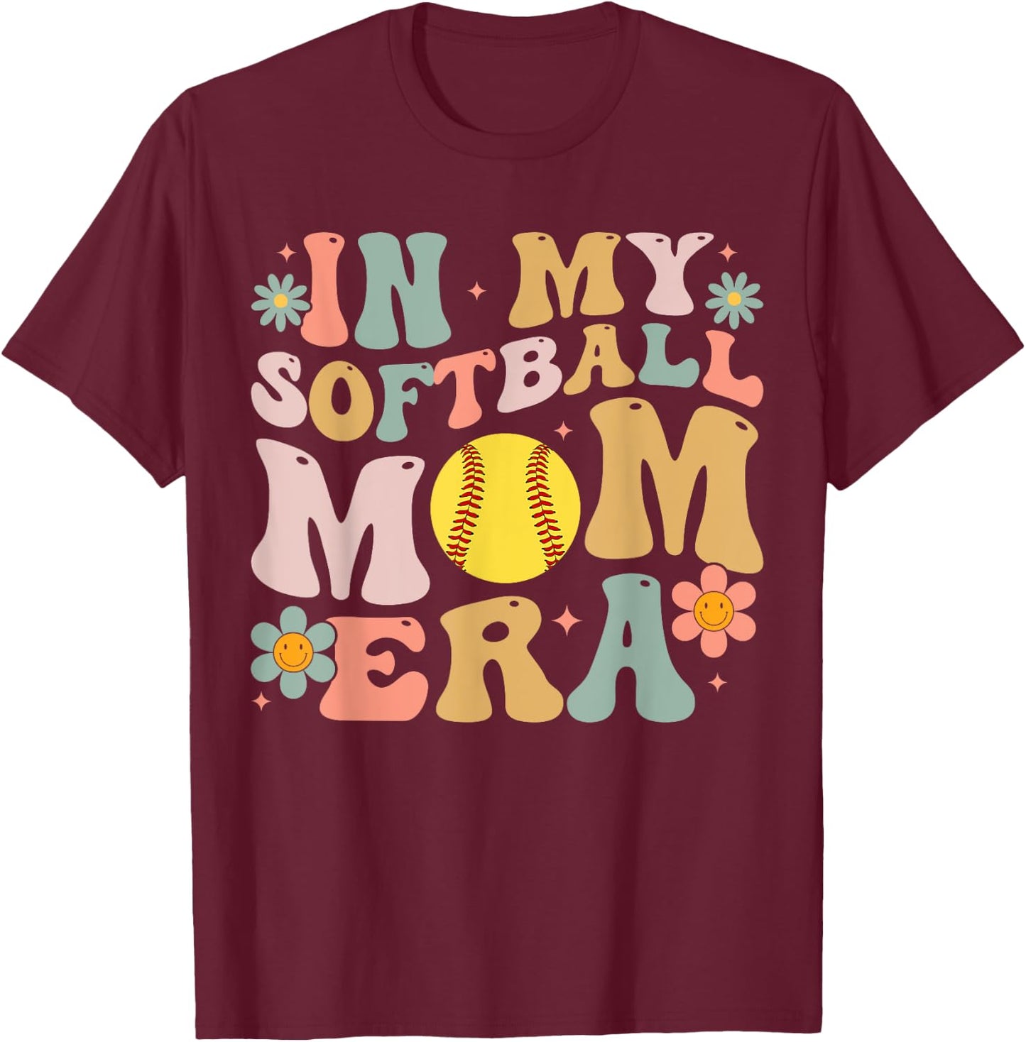 In My Softball Mom Era Groovy Softball Mama for Mothers Day T-Shirt - T-Shirt | Maroon