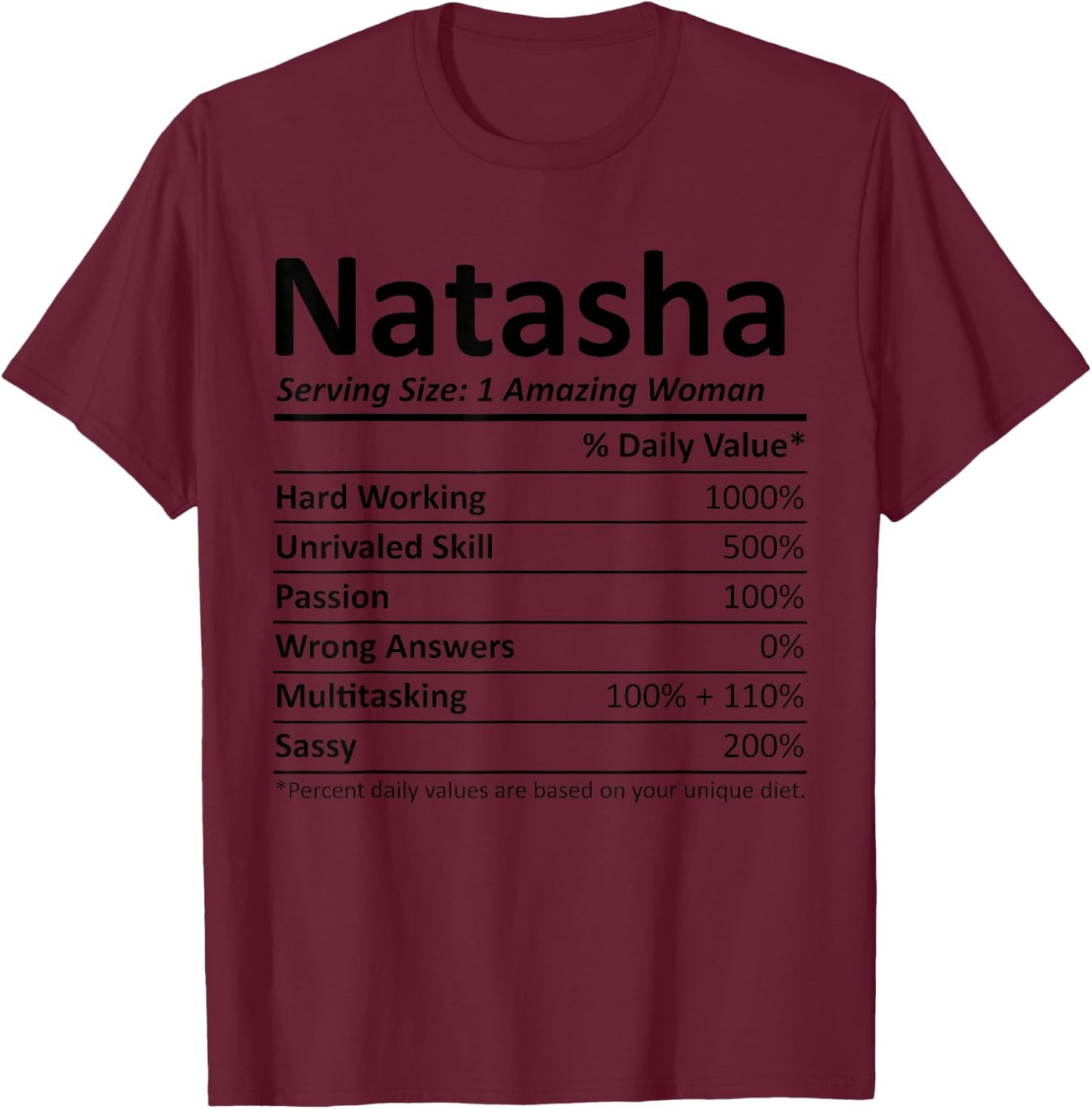 Natasha Nutrition Personalized Name Funny T-Shirt - T-Shirt | Maroon