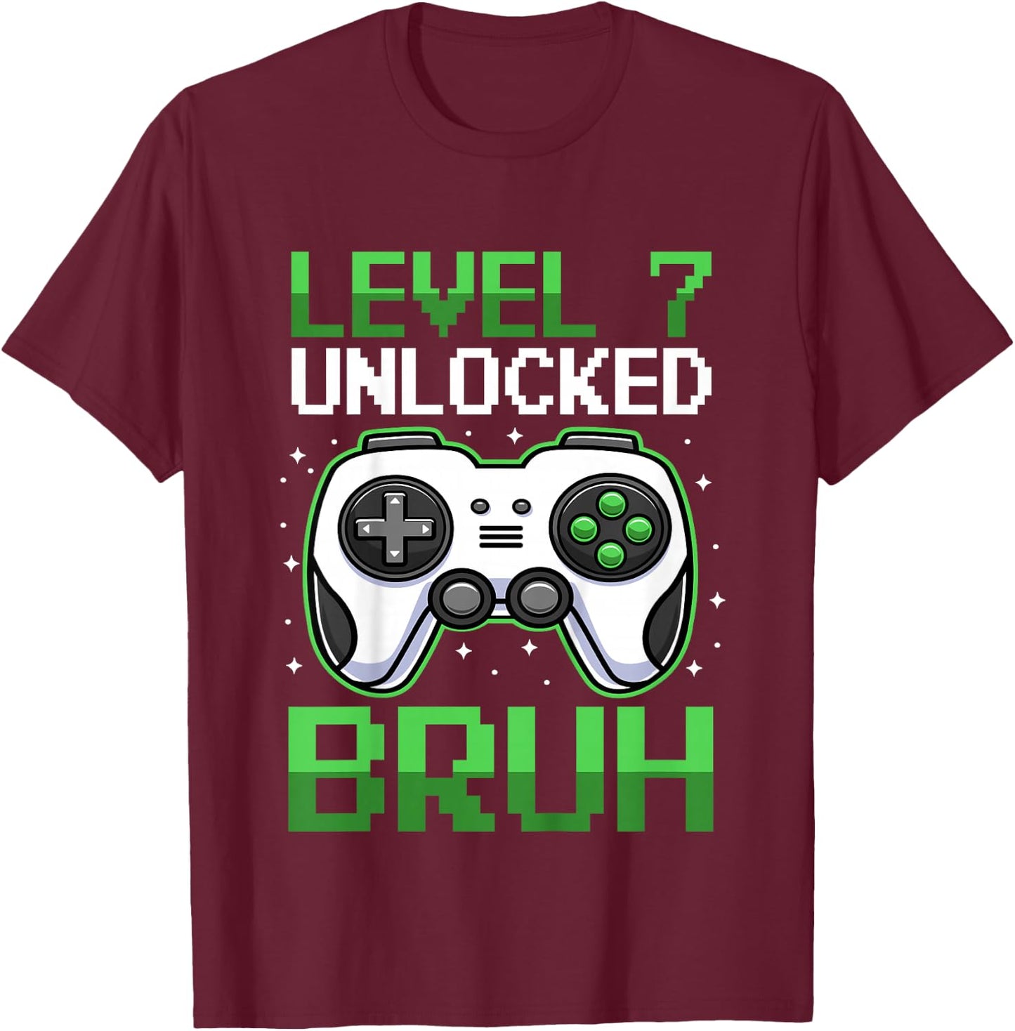 Kids Level 7 Unlocked Bruh 7 Years Old Video Gamer Birthday Boy T-Shirt - T-Shirt | Maroon