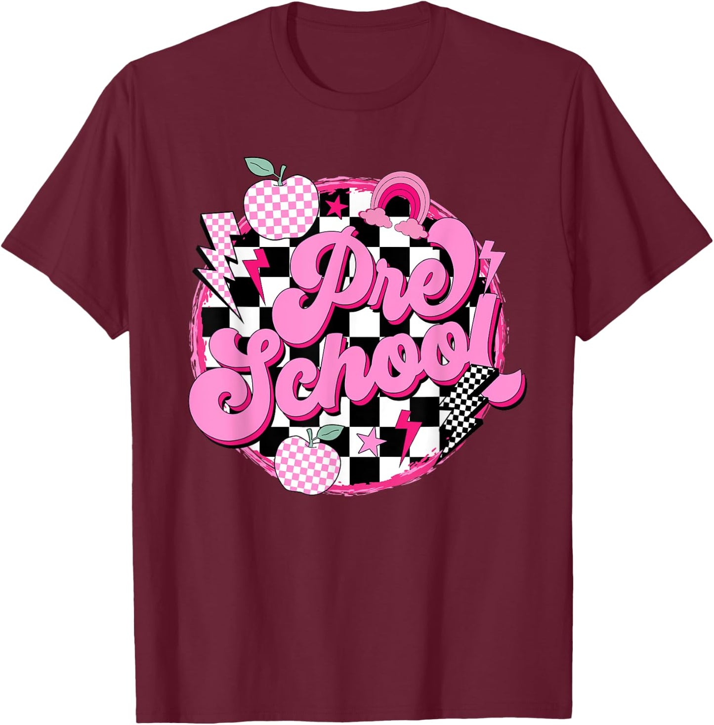 Preschool Teacher Women Retro Checkered First Day of School T-Shirt - T-Shirt | Maroon