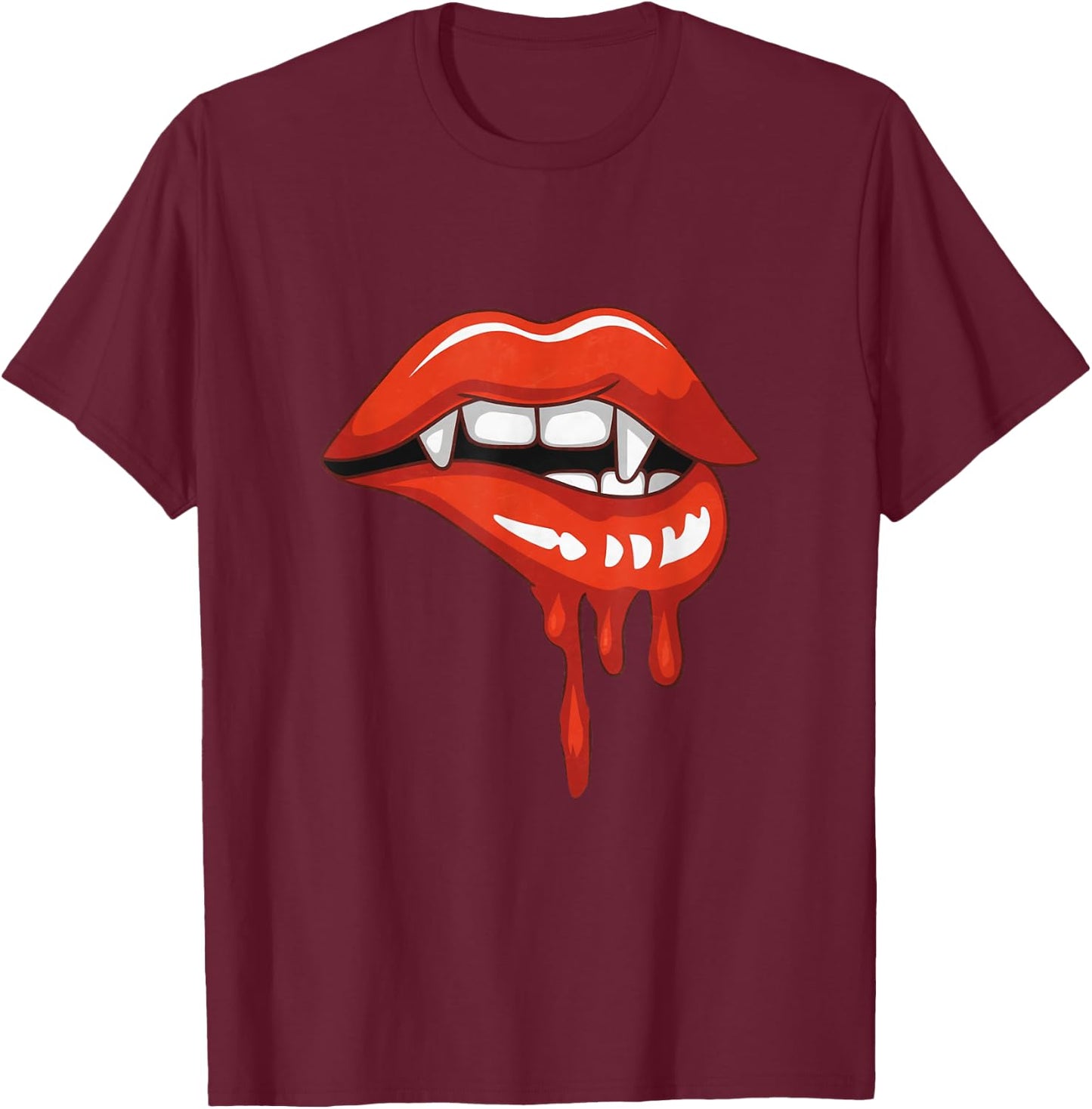Red Lips Vampire Fangs Teeth Bite Dracula Halloween T-Shirt - T-Shirt | Maroon