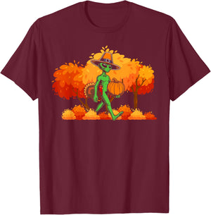 Alien thanksgiving Pilgrim Turkey Pumpkin autumn leaves fall T-Shirt - T-Shirt | Maroon