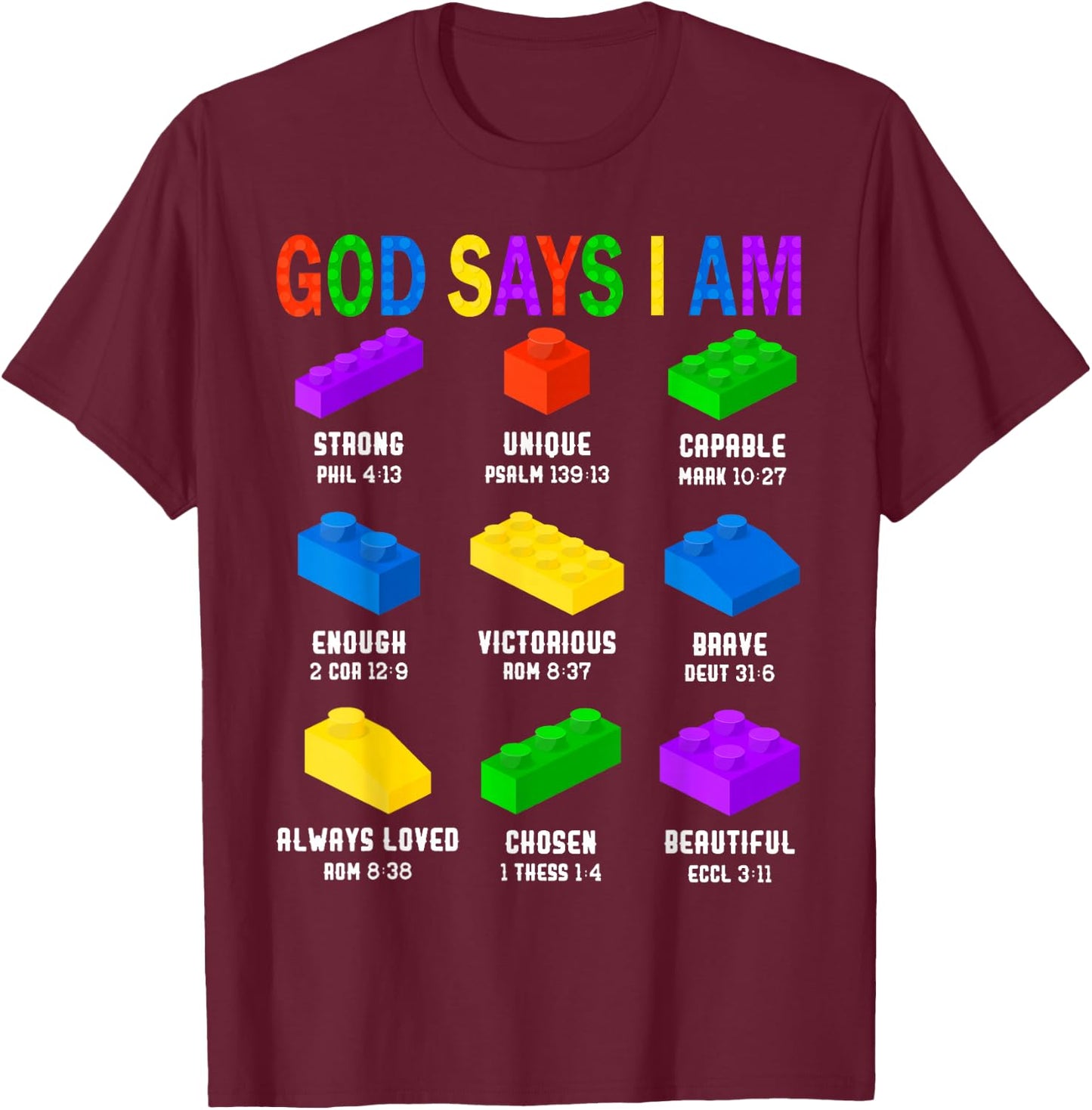 God Says I Am Building Brick Builder Block Boys Christian T-Shirt - T-Shirt | Maroon