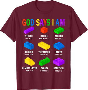 God Says I Am Building Brick Builder Block Boys Christian T-Shirt - T-Shirt | Maroon