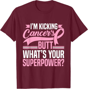 Kicking Cancers Butt Superpower Breast Cancer Awareness T-Shirt - T-Shirt | Maroon