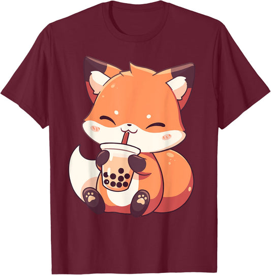 Cute Neko Fox Boba Tea Kawaii Anime Bubble Tea Fox T-Shirt - T-Shirt | Maroon