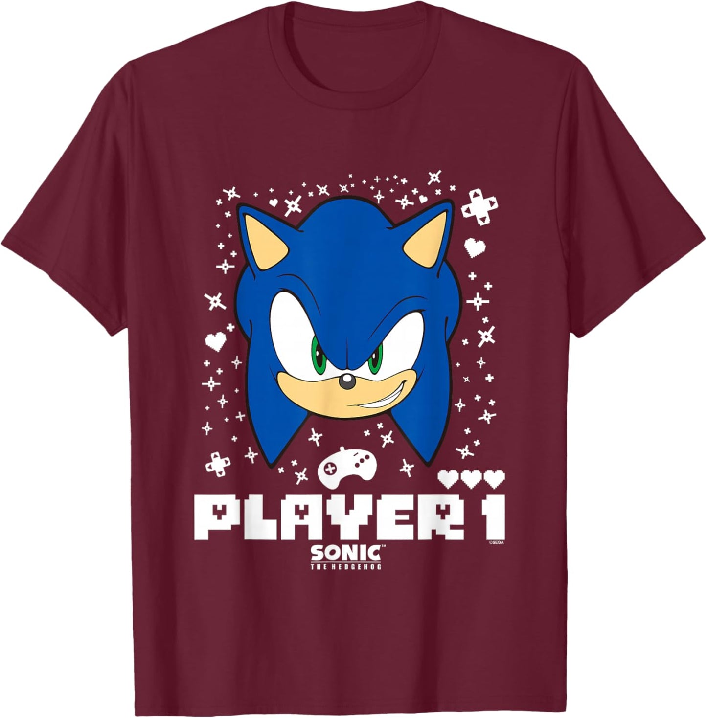 Sonic The Hedgehog Valentine's Day Player 1 Sonic Big Face T-Shirt - T-Shirt | Maroon