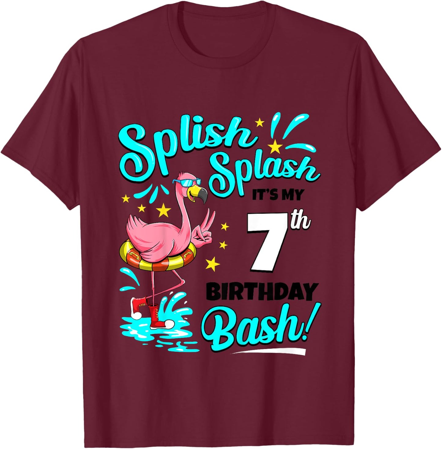 7th Birthday Flamingo 7 Years Old Pool Party Summer Girls Kids T-Shirt - T-Shirt | Maroon