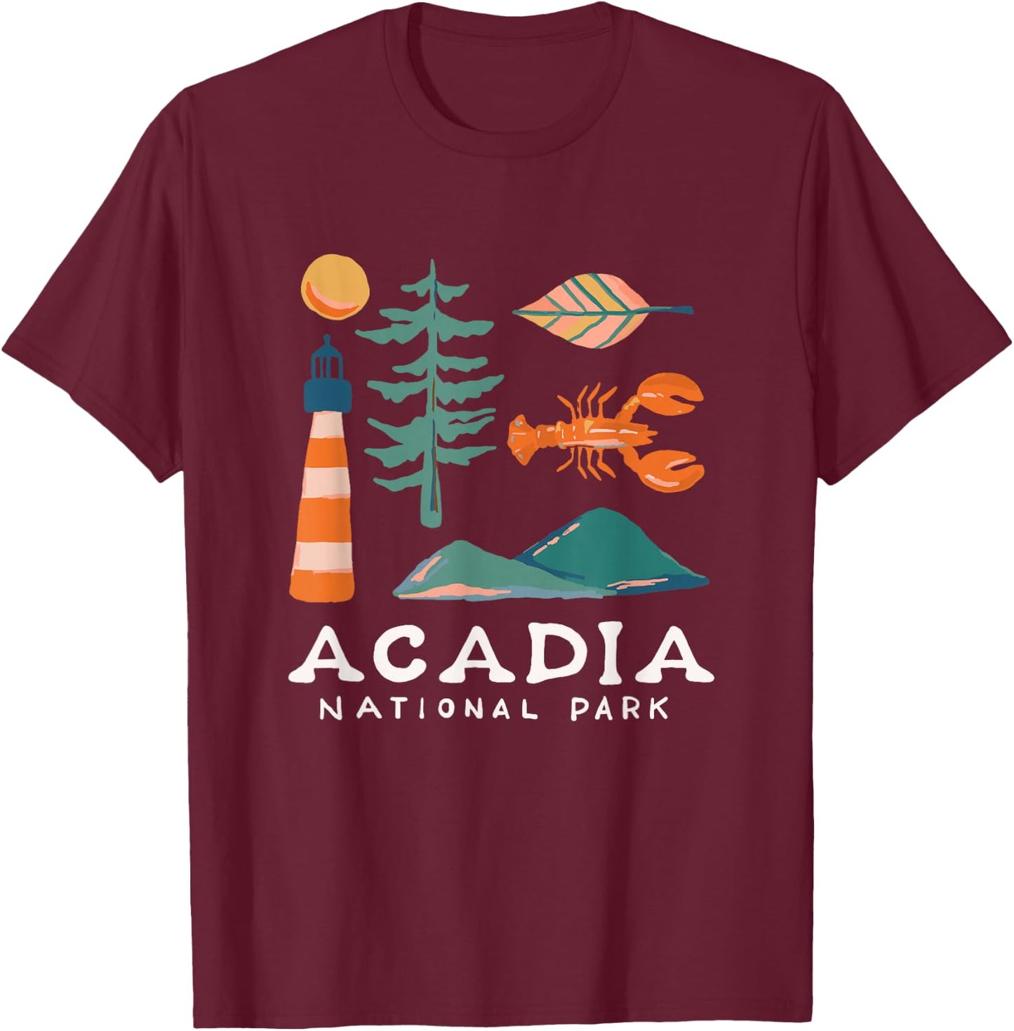 Acadia National Park Travel Icons Maine Vacation Souvenir T-Shirt - T-Shirt | Maroon