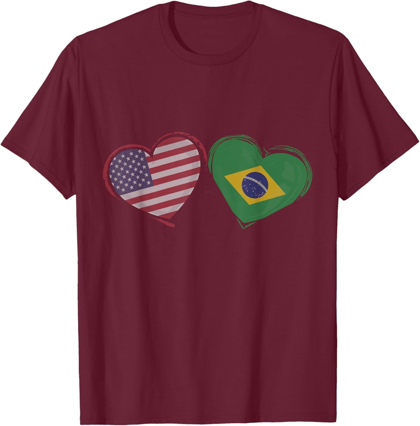 USA Brazil Flag Heart Valentines Day Brazilian American T-Shirt - T-Shirt | Maroon
