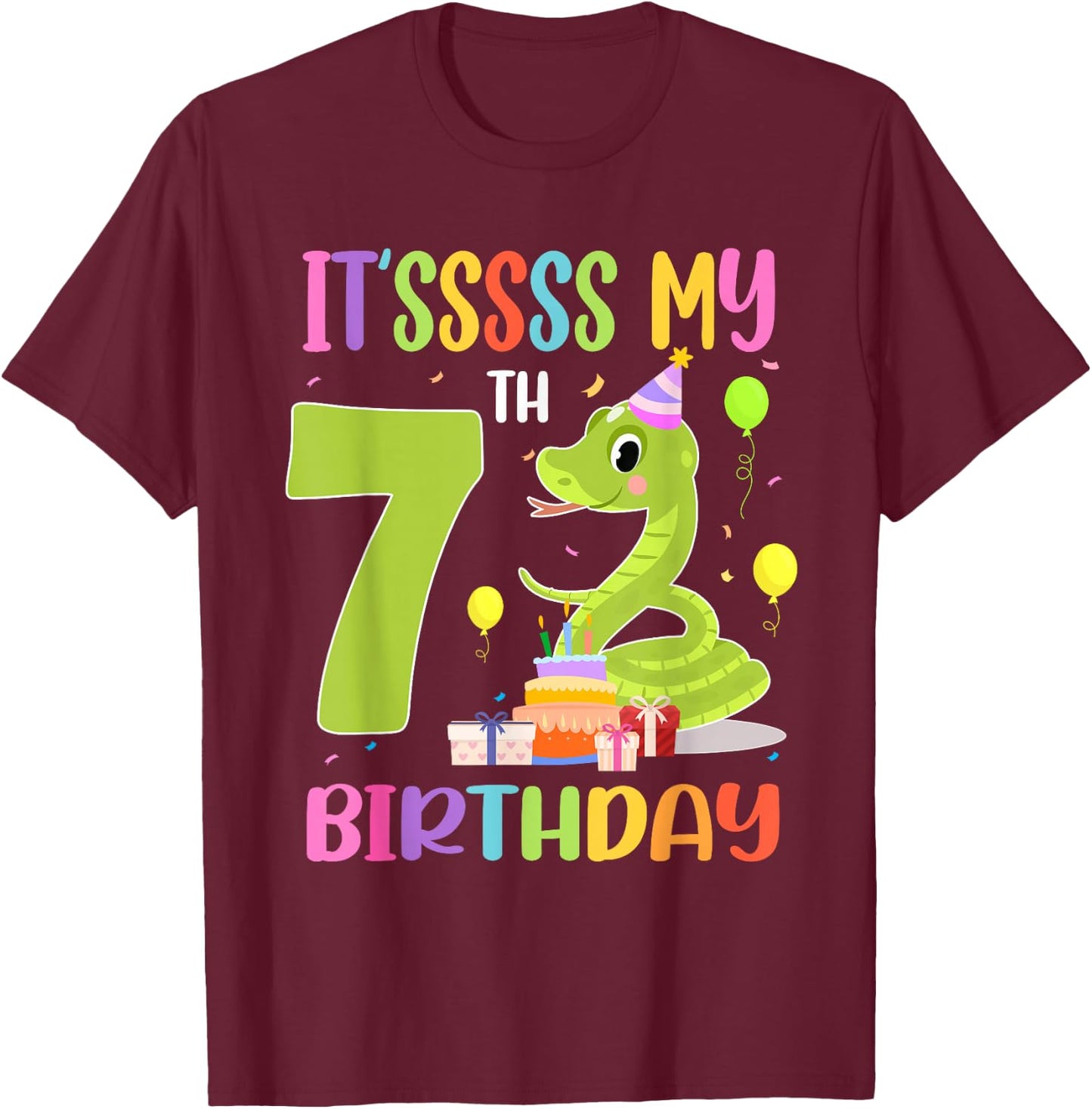 It's My 7th Birthday Snake 7 Years Old Birthday T-Shirt - T-Shirt | Maroon