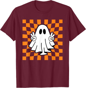 Peace Sign Halloween Ghost Boo Check Pattern T-Shirt - T-Shirt | Maroon