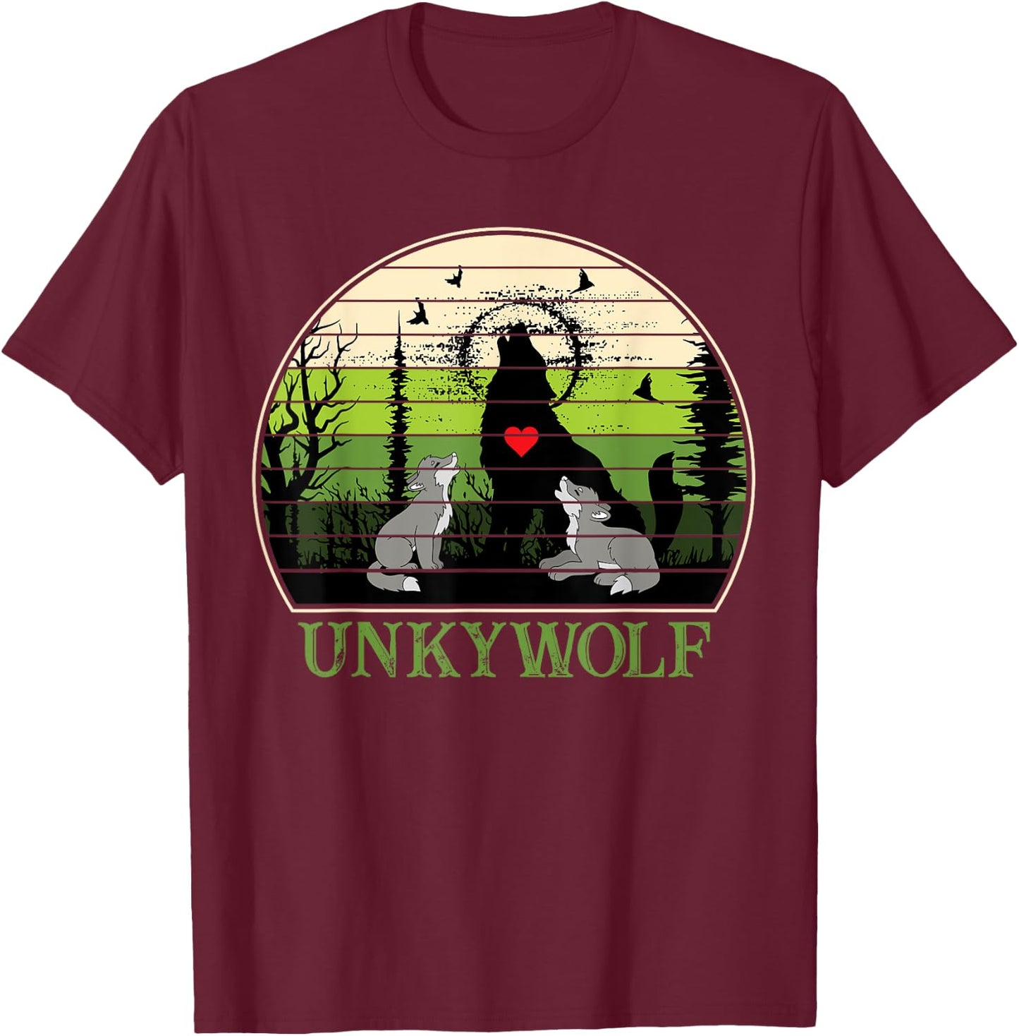 Retro Vintage Sunset Unky Wolf Fathers Day Uncle Wolf T-Shirt - T-Shirt | Maroon