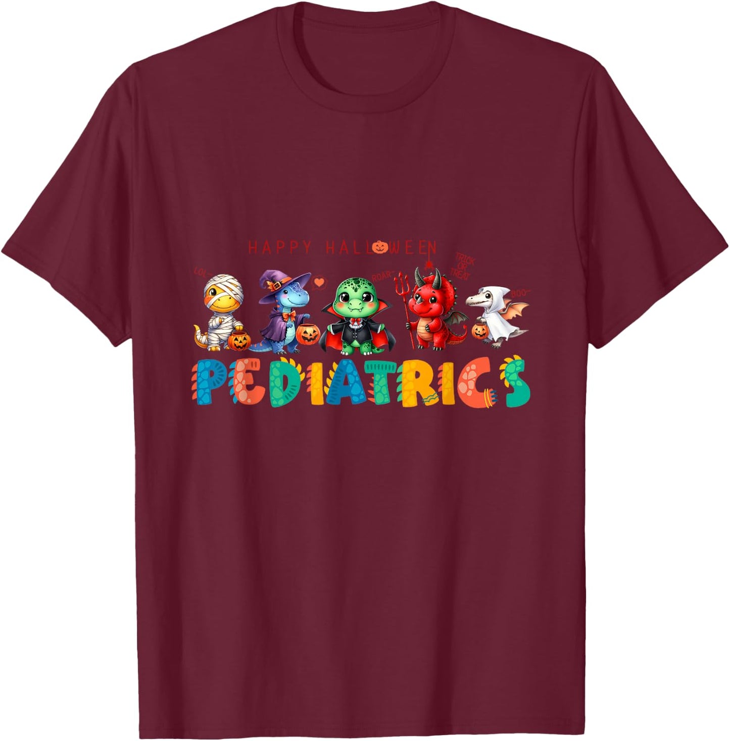 Pediatric Happy Halloween Cute Dinosaur Costume Nurse Crew T-Shirt - T-Shirt | Maroon