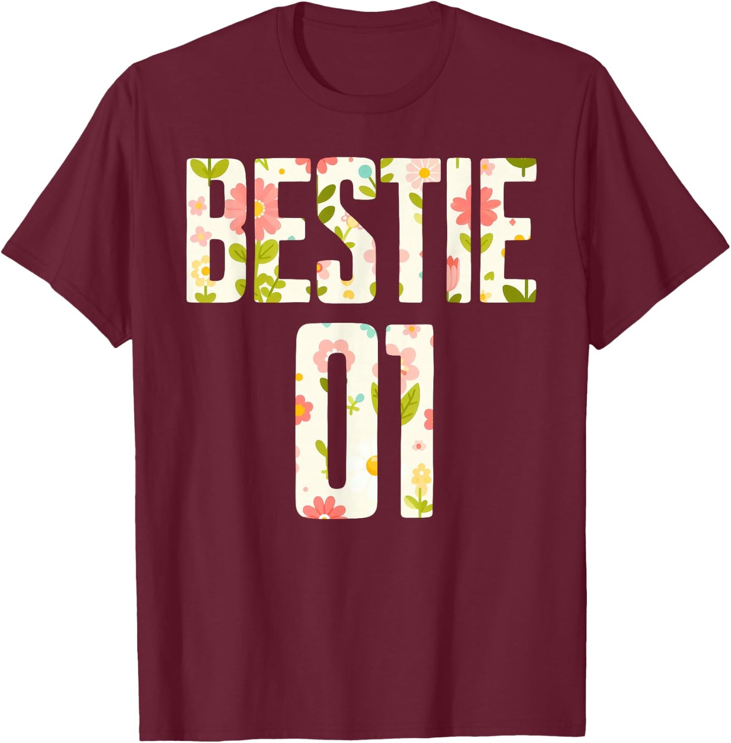 Bestie 1 Bestie 2 Matching Best Retro Flower Twinning Friend T-Shirt - T-Shirt | Maroon