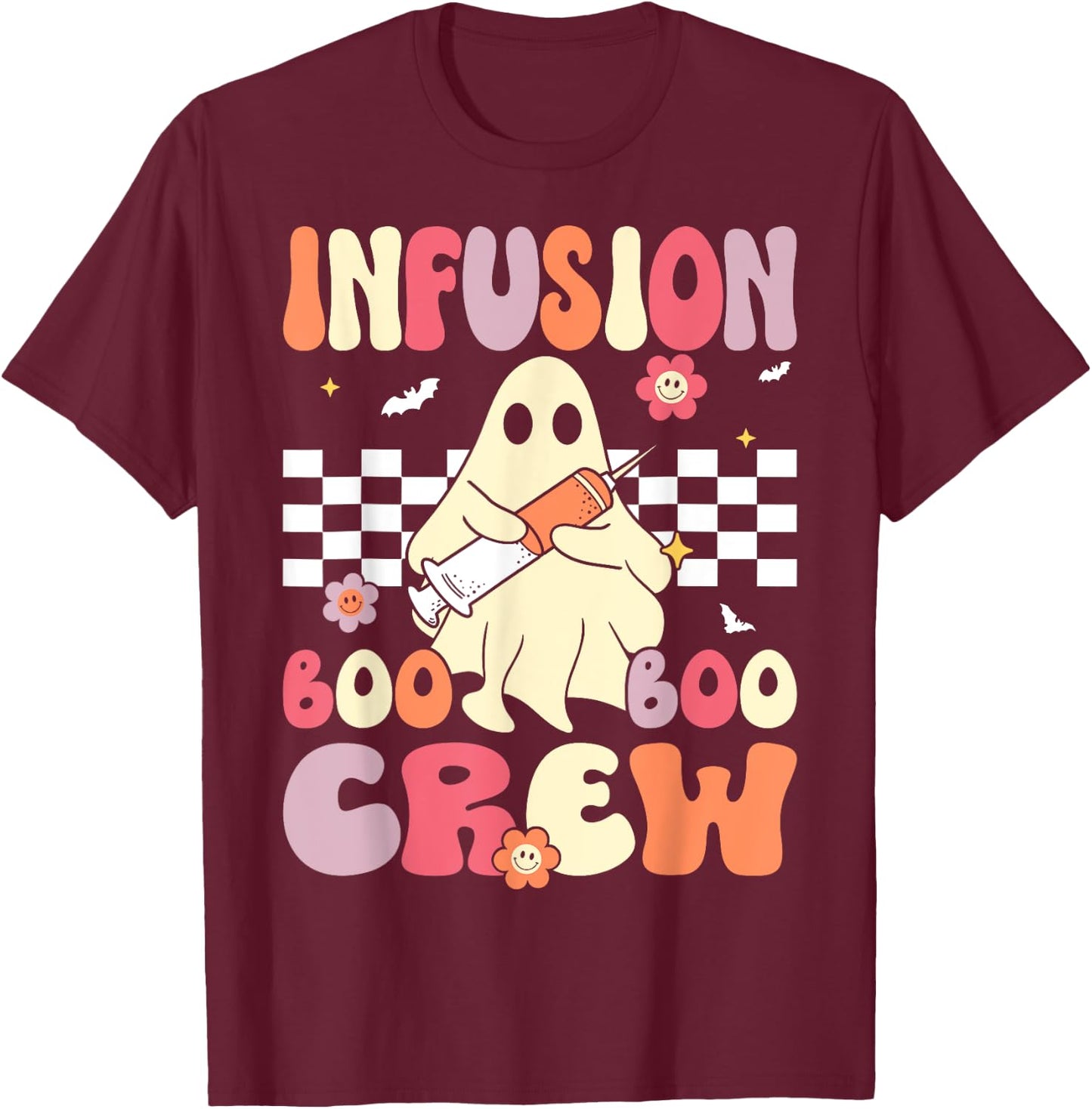 Infusion Nurse Boo Crew Groovy Retro Nurse Halloween T-Shirt - T-Shirt | Maroon