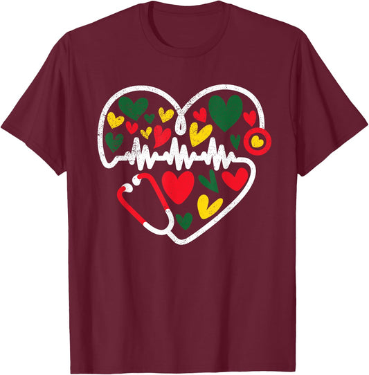 Nurse Juneteenth Outfit Women Stethoscope Heart Black Nurses T-Shirt - T-Shirt | Maroon