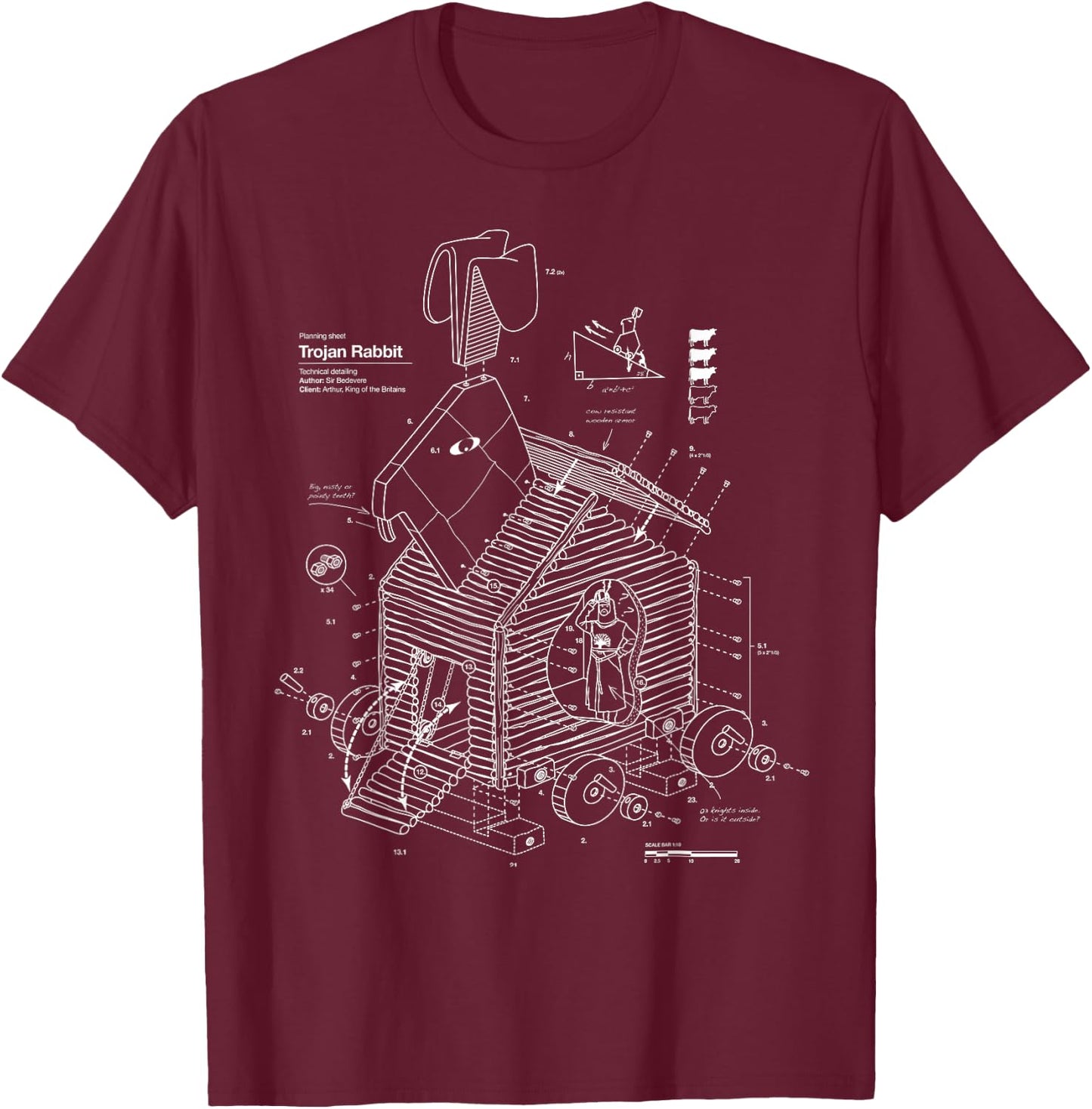Vomaria.com Trojan Rabbit Funny - -Adults/Kids - Black - Short Sleeve - Cotton/Polyester - Small - - Classic Fit - Medieval-Themed - Movies T-Shirt - T-Shirt | Maroon