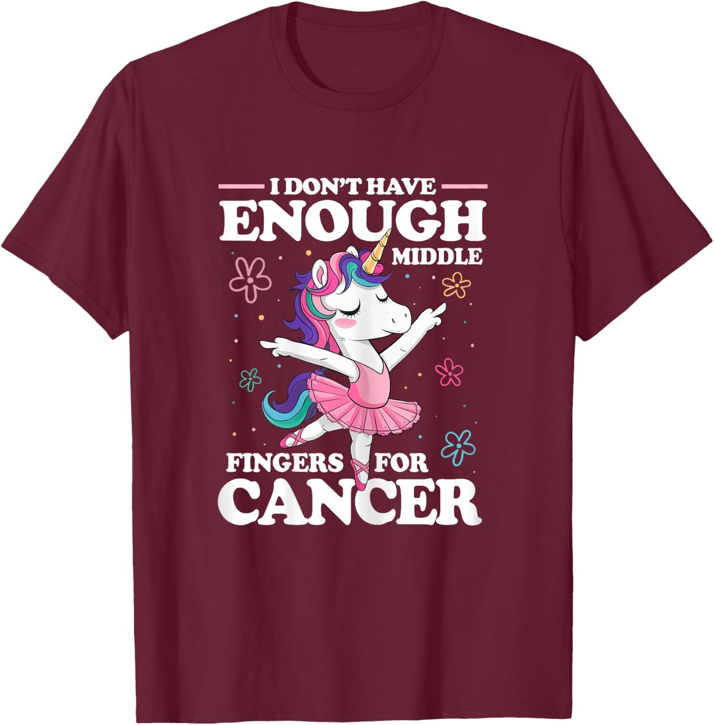 Christmas Funny I Don't Have Enough Middle Fingers For Cancer Unicorn Women's Black X-Small Modern U-Neck Short Sleeve Breast Cancer Awareness T-Shirt - T-Shirt | Maroon