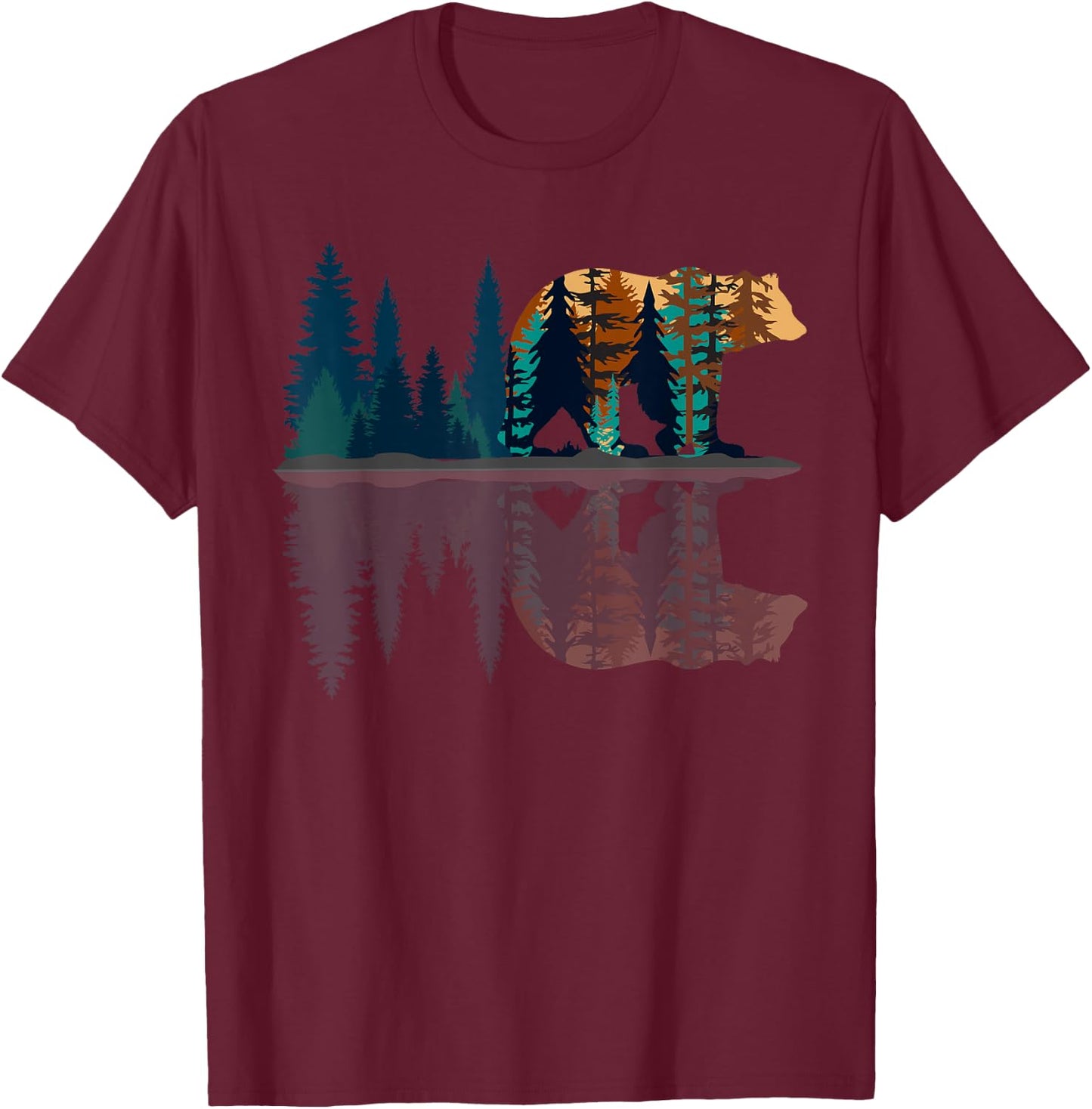 Trees Reflection Wildlife Nature Animal Bear Outdoor Forest T-Shirt - T-Shirt | Maroon