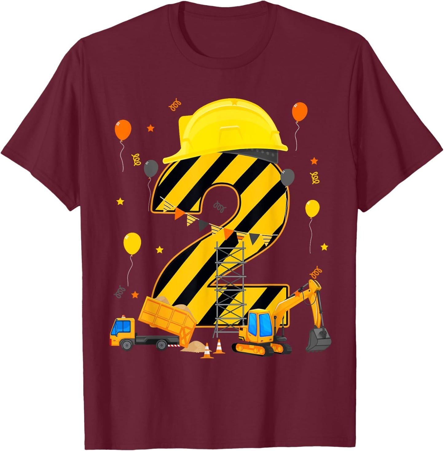 Two 2yr 2nd Birthday Construction Vehicles 2 Year Old T-Shirt - T-Shirt | Maroon
