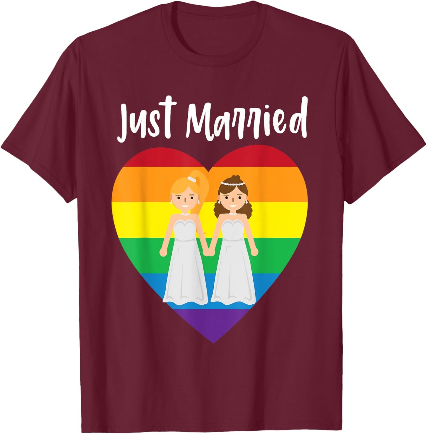 Just Married Double Bride Lesbian Pride Rainbow Color Print T-Shirt - T-Shirt | Maroon