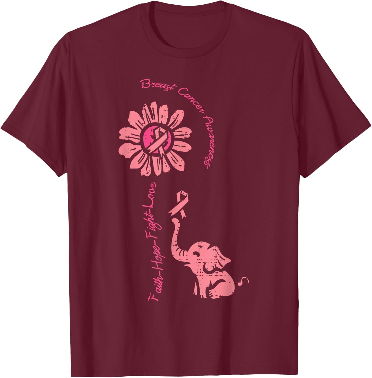 Breast Cancer Awareness Sunflower Elephant Faith Women Kids T-Shirt - T-Shirt | Maroon