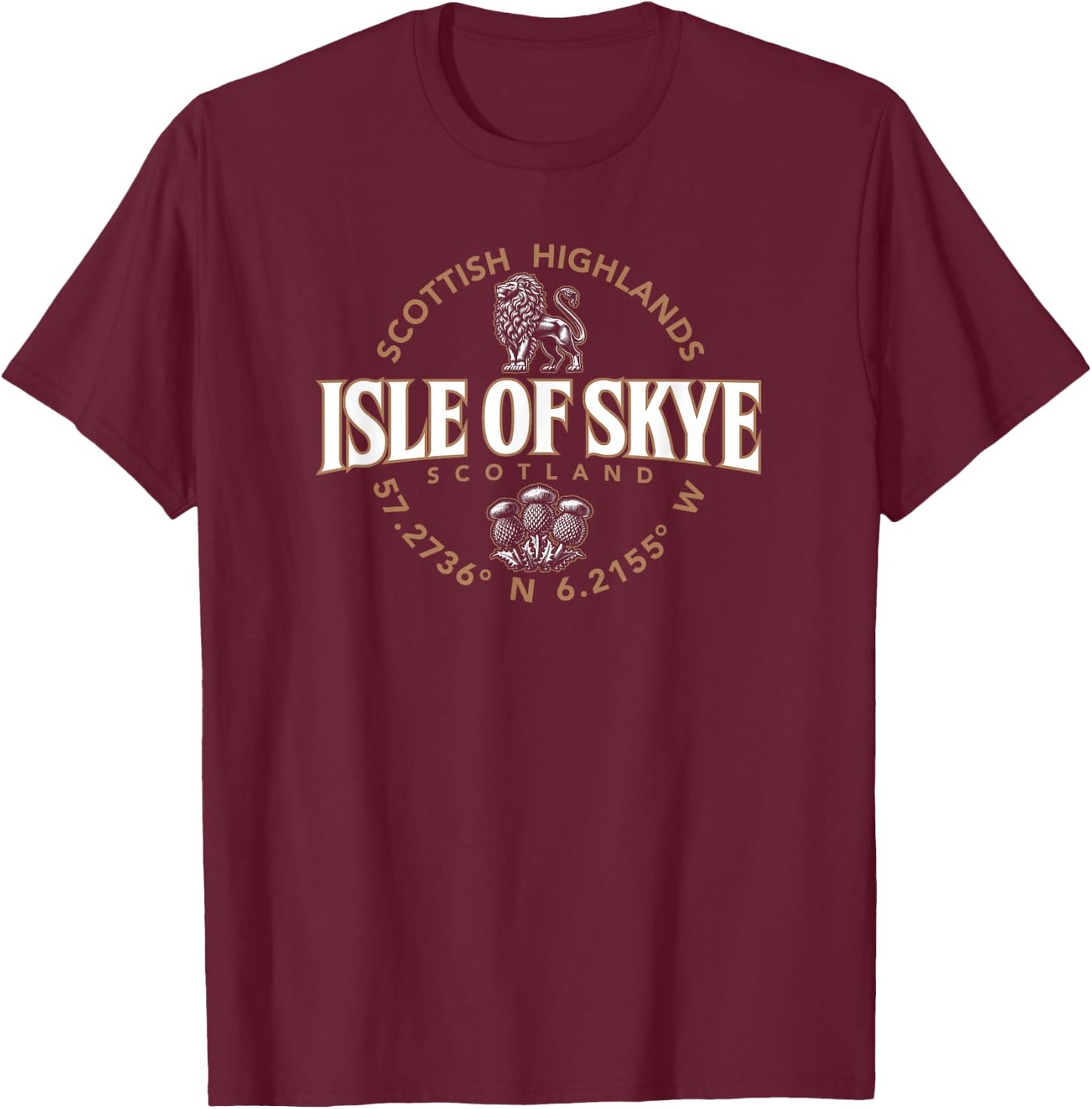 Isle of Skye Scotland Highlands Coordinates Label 2C T-Shirt - T-Shirt | Maroon
