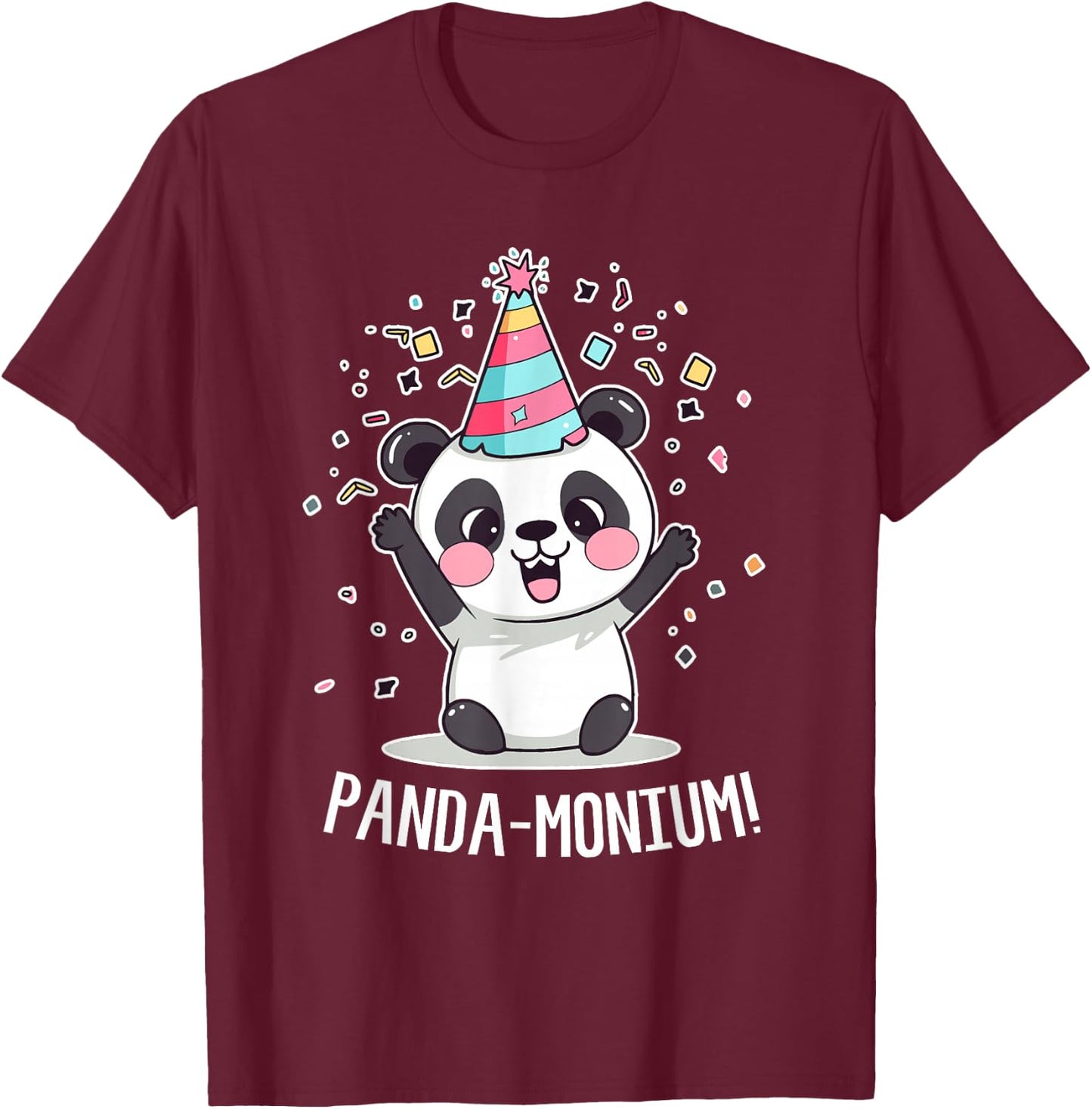 Funny Panda Panda-monium Cute Animal Pun Kawaii Cartoon T-Shirt - T-Shirt | Maroon