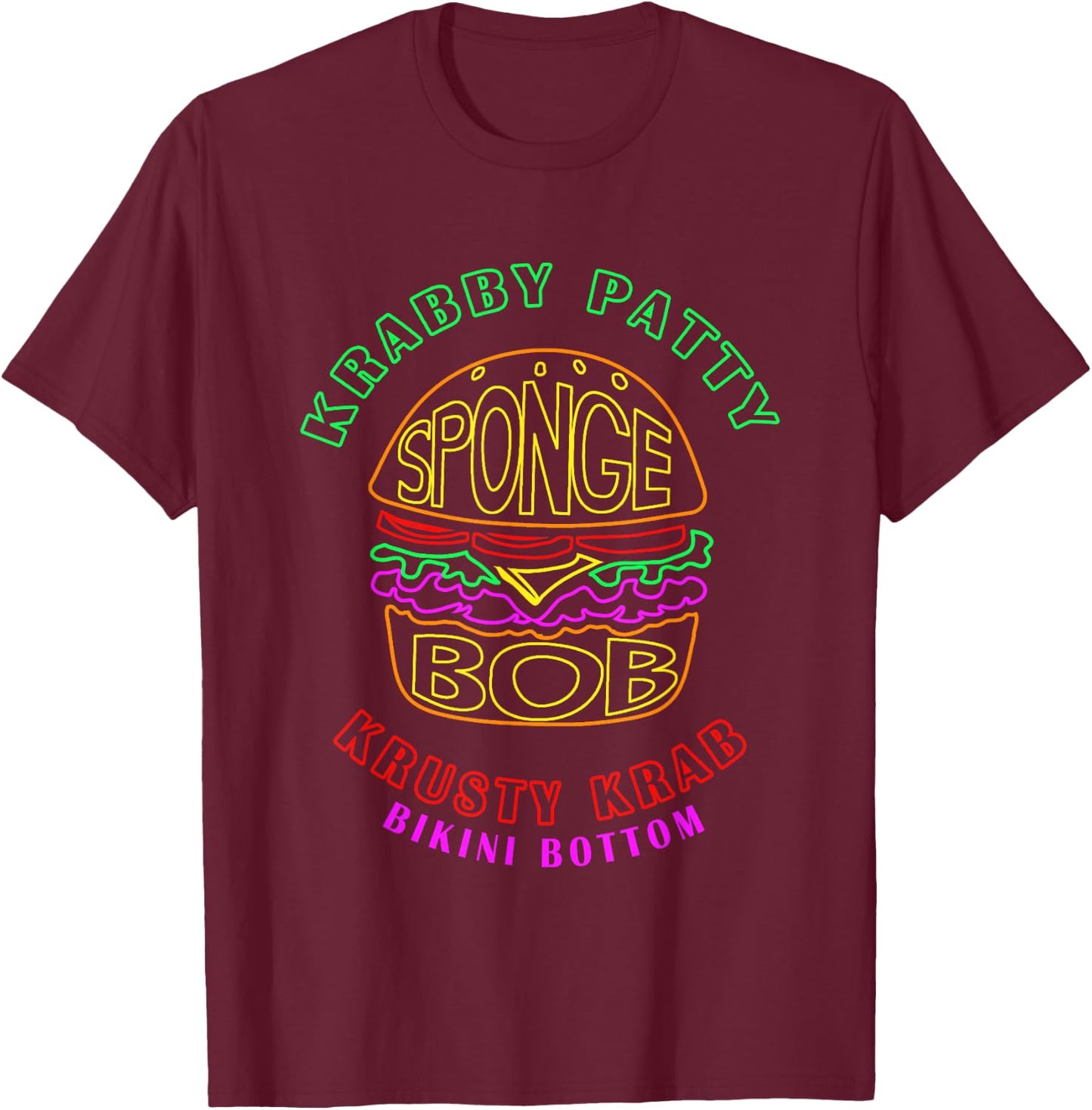 SpongeBob SquarePants Krabby Patty Retro Neon Outline Logo T-Shirt - T-Shirt | Maroon