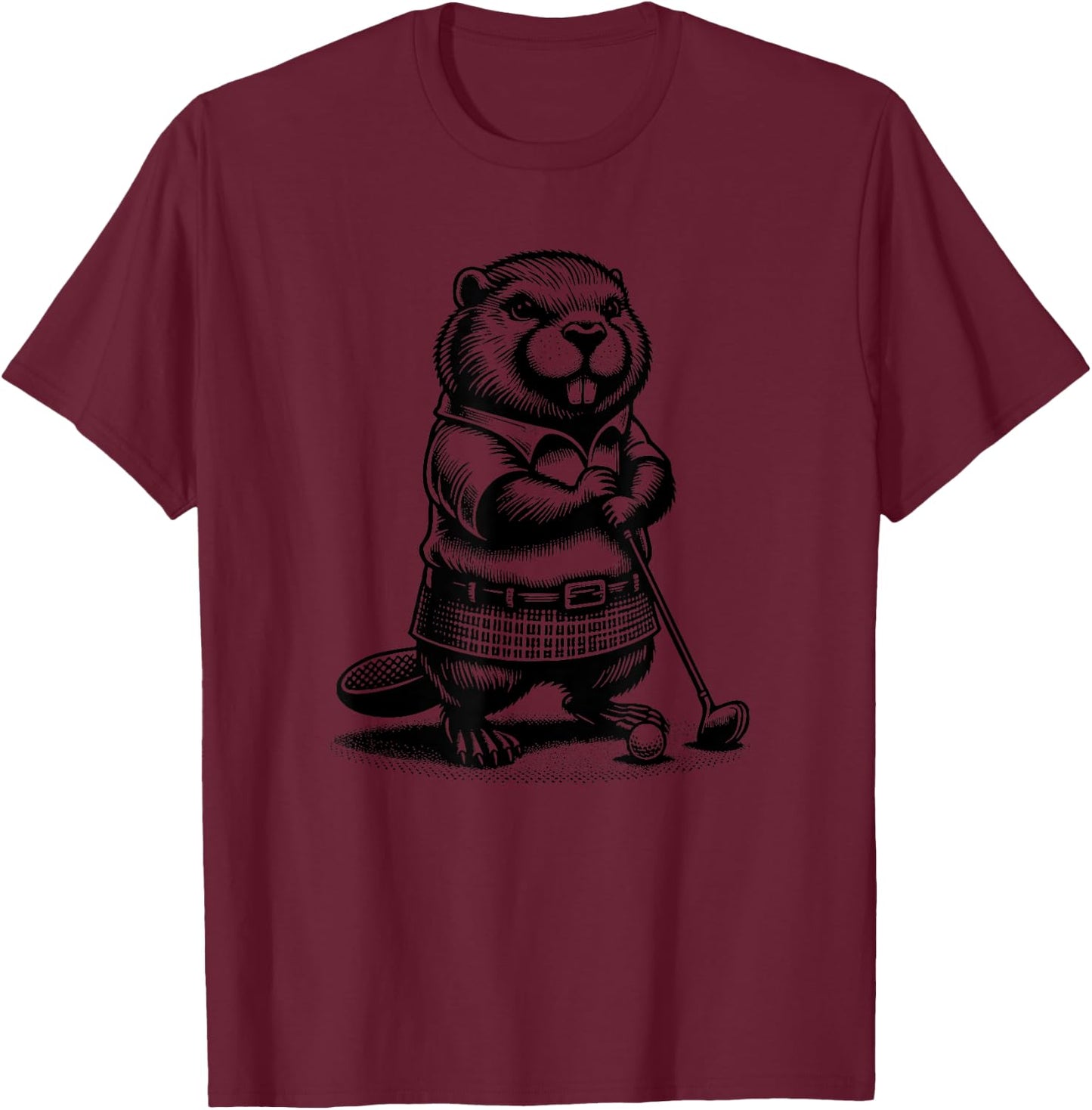 Funny Beaver Golfer Swing Golfing Rodent Sports T-Shirt - T-Shirt | Maroon