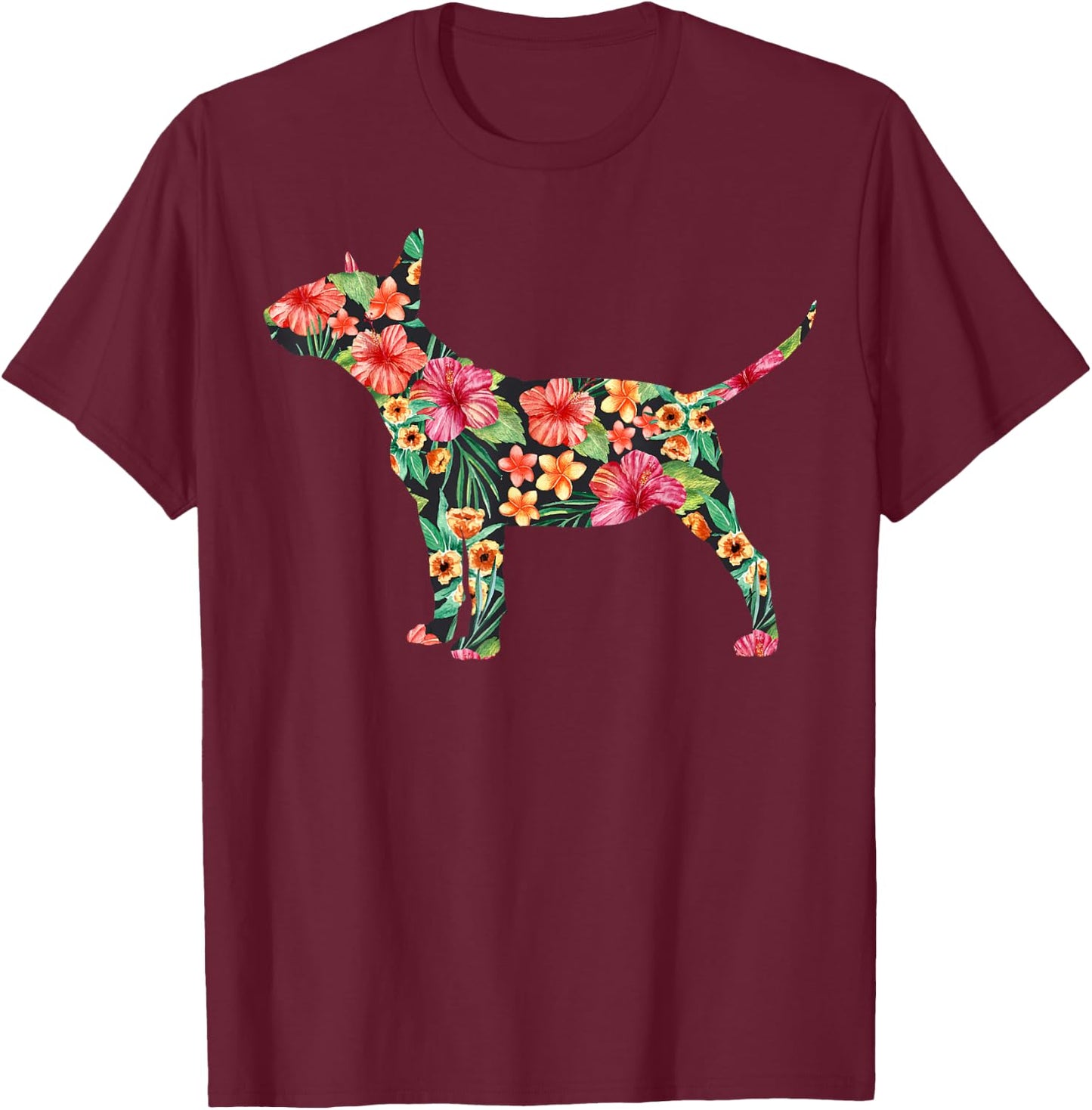 Bull Terrier Flower Funny Dog Silhouette Floral Gifts Women T-Shirt - T-Shirt | Maroon