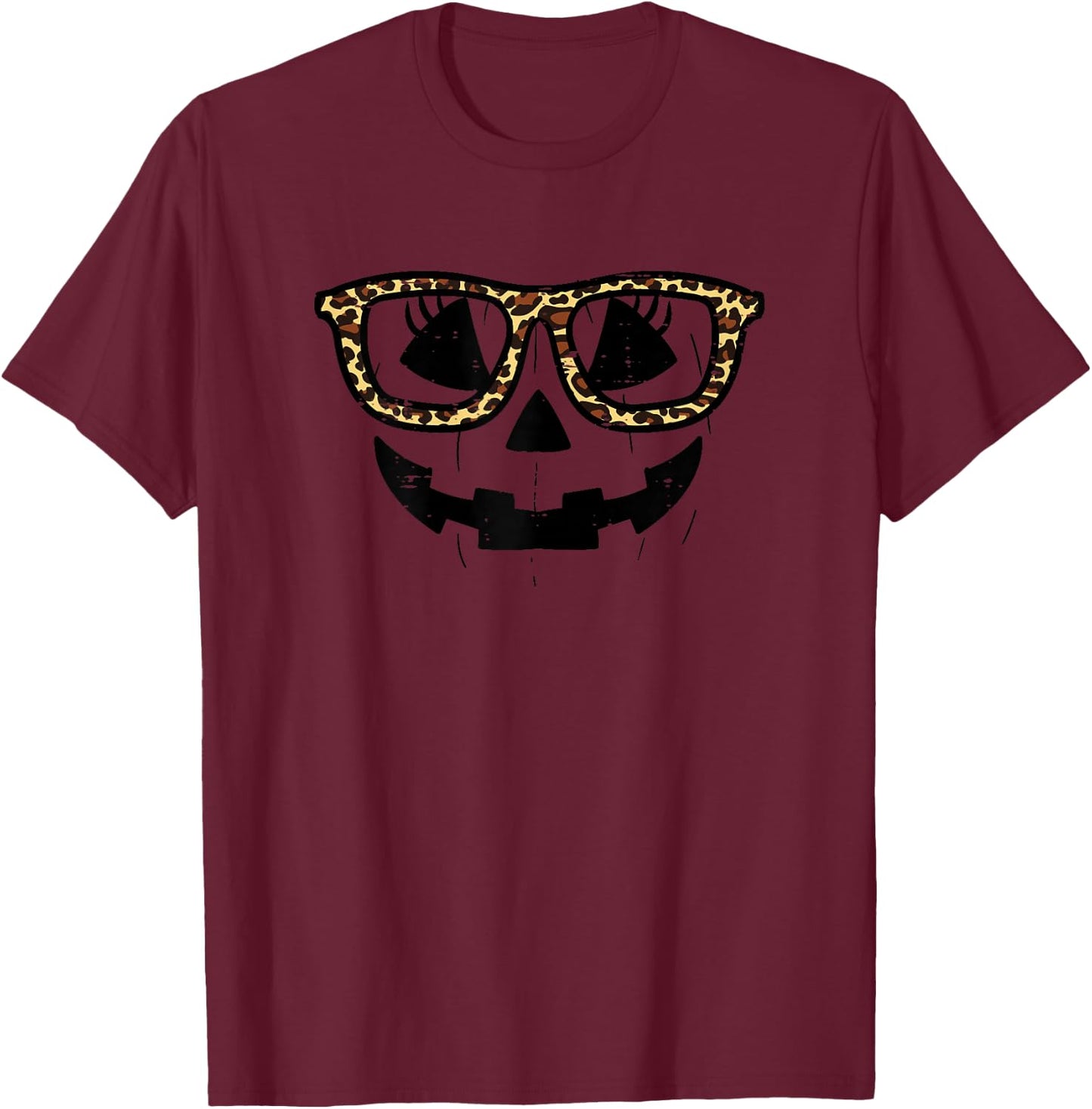 Pumpkin Face Leopard Glasses Funny Halloween Women Girls T-Shirt - T-Shirt | Maroon