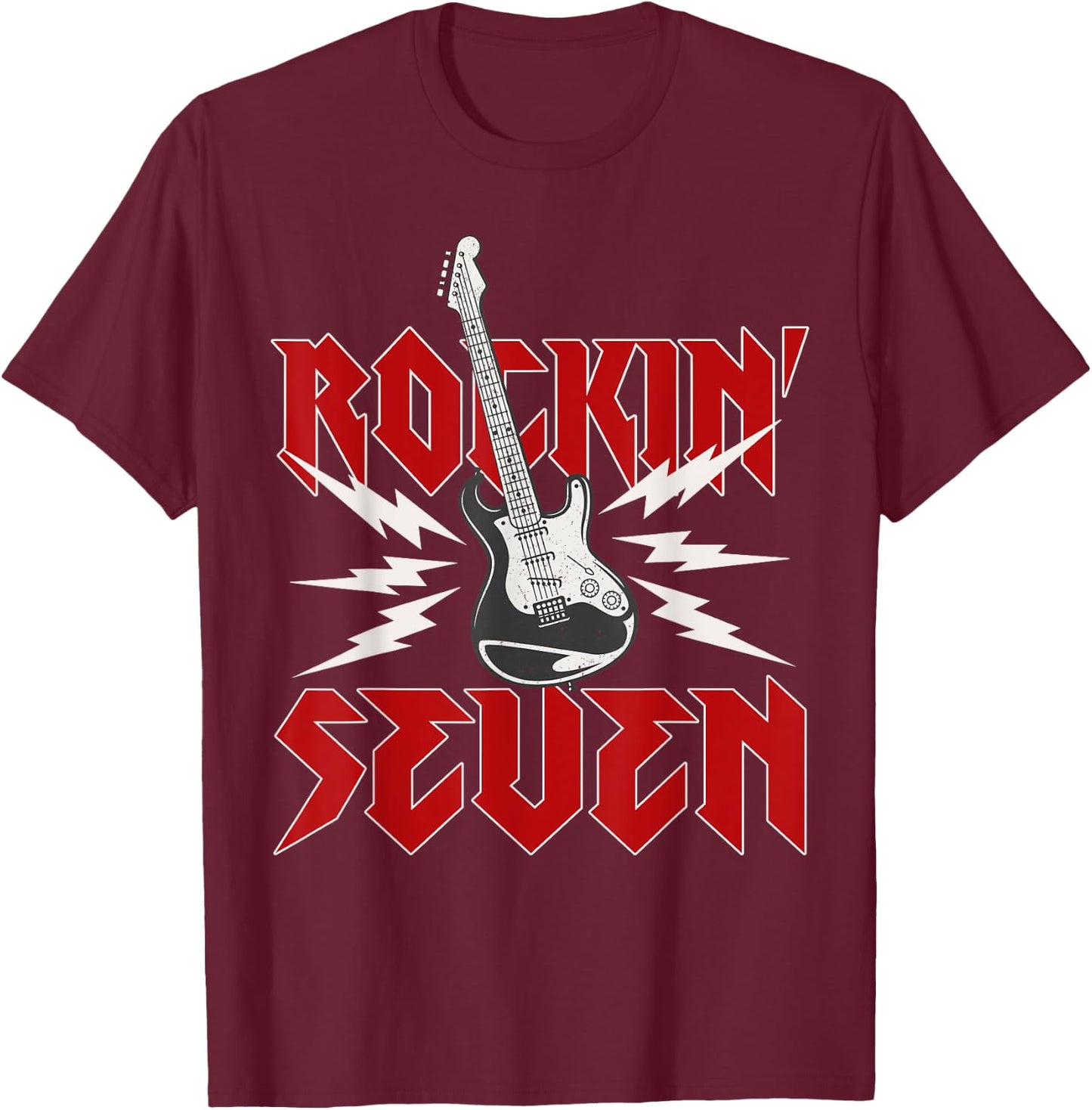 Rockin' Seven Retro Rockstar 7th Birthday Boy Girl Guitar T-Shirt - T-Shirt | Maroon