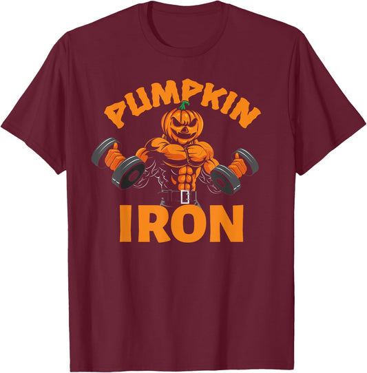 Pumpkin Iron Halloween Gym Workout Lifting Pun Funny T-Shirt - T-Shirt | Maroon