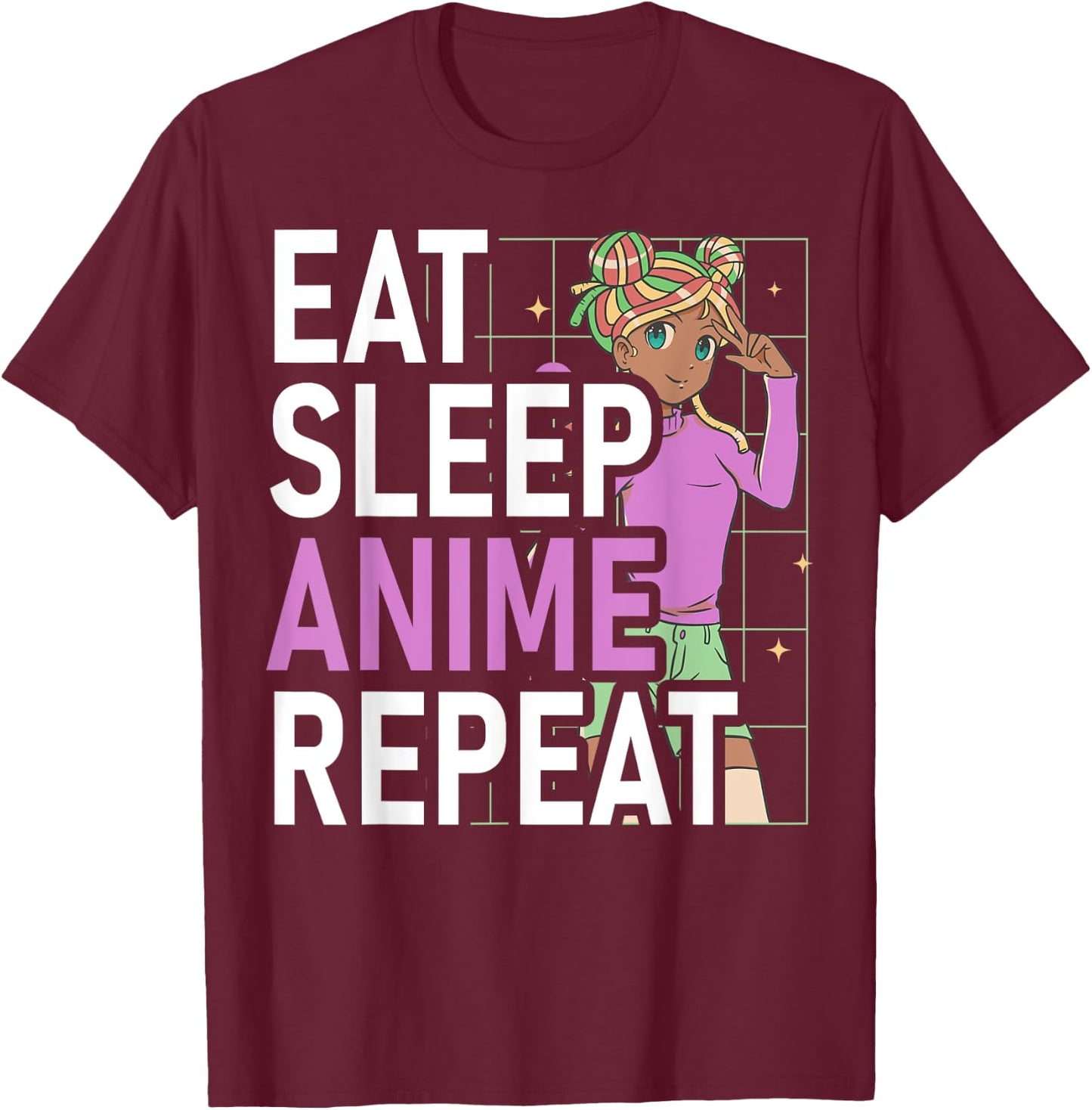 Eat Sleep Anime Repeat Anime Black Girl Afro Manga Otaku T-Shirt - T-Shirt | Maroon