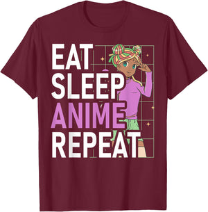 Eat Sleep Anime Repeat Anime Black Girl Afro Manga Otaku T-Shirt - T-Shirt | Maroon