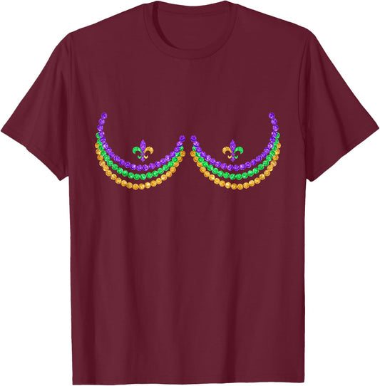 Boobshirt Mardi Gras Funny Beads Boobs Outline Costume Humor T-Shirt - T-Shirt | Maroon