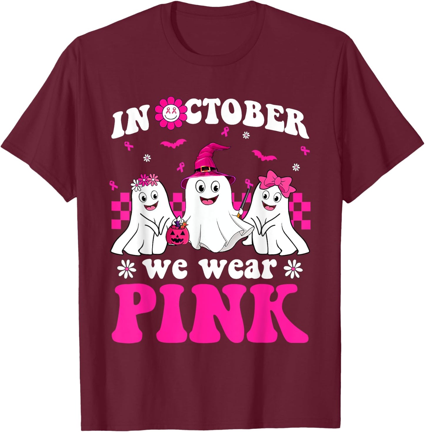 Wear Pink Groovy Ghost Halloween Breast Cancer Awareness T-Shirt - T-Shirt | Maroon
