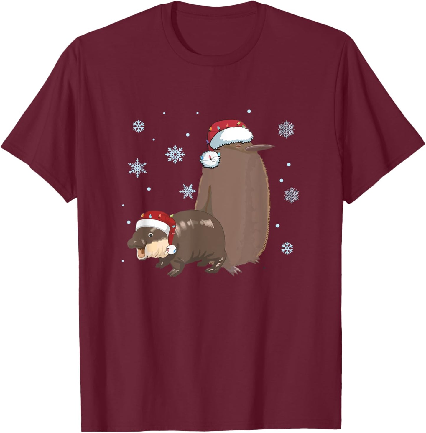 Christmas Pesto and Moo Deng Friendship Penguin and Hippo T-Shirt - T-Shirt | Maroon