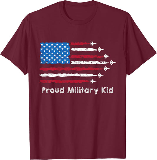 Kids Red, White and Blue US Flag with Jets Proud Military Kid T-Shirt - T-Shirt | Maroon
