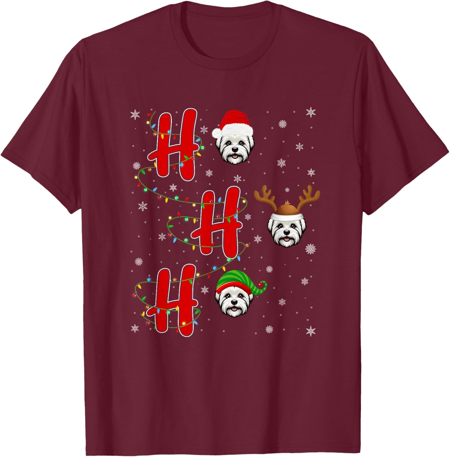 Xmas Lights HO HO HO Maltese Dog Funny Ugly Christmas T-Shirt - T-Shirt | Maroon
