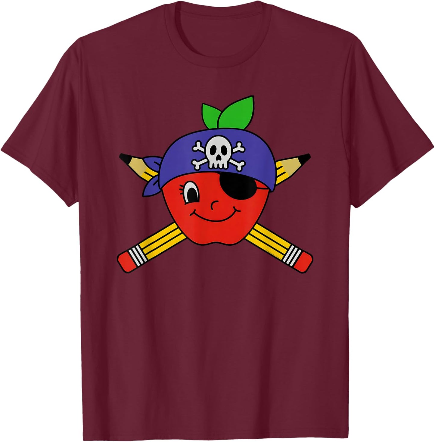 Teacher's Pirate Apple with Crossed Pencils Pirate Teacher T-Shirt - T-Shirt | Maroon